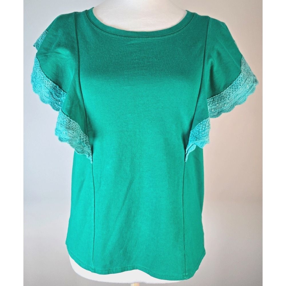 Vtg Green Ruffle Cap Sleeves Lace Trim Short Sleeves T shirt Cotton Sz M Cottage